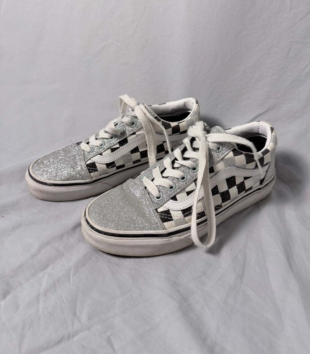 Vans Old Skool Silver Glitter Checkerboard Sneakers Women's Size 6.5